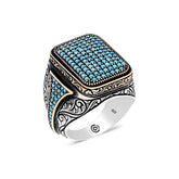 Silver Turquoise Zircon Stone Square Men's Ring