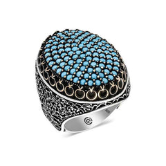 Silver Turquoise Zircon Stone Oval Men's Ring