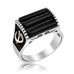 Silver Black Stone Elif Vav Men's Ring