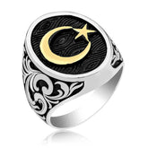 Silver Side Patterned Crescent Star Men's Ring