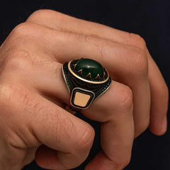 Silver Green Agate Stone Men's Ring