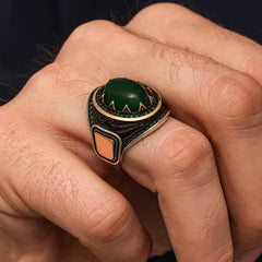 Silver Green Agate Stone Men's Ring