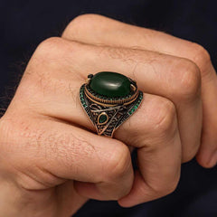 Silver Green Agate Stone Men's Ring