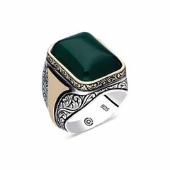 Bague carrée pour homme en argent et pierre d'agate verte à motifs