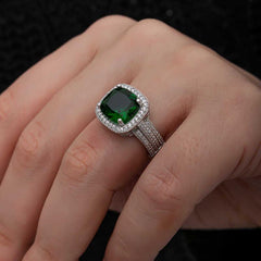 Silver Green Baguette Square Women's Ring