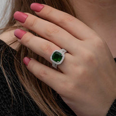 Silver Green Baguette Square Women's Ring