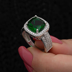 Silver Green Baguette Square Women's Ring