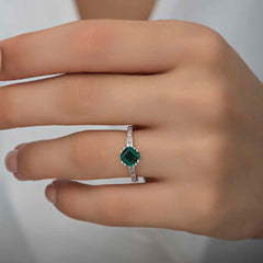 Silver Green Baguette Single Stone Women's Ring