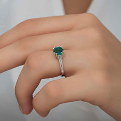 Silver Green Baguette Single Stone Women's Ring