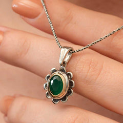 Silver Green Flower Patterned Authentic Women's Necklace