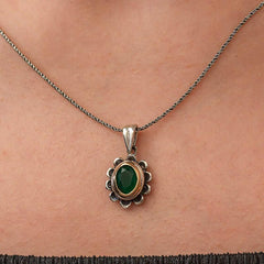 Silver Green Flower Patterned Authentic Women's Necklace