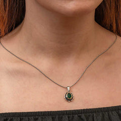 Silver Green Flower Patterned Authentic Women's Necklace