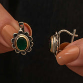 Silver Green Flower Patterned Authentic Women's Earrings