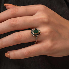 Silver Green Flower Patterned Authentic Women's Ring