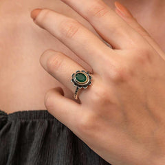 Silver Green Flower Patterned Authentic Women's Ring