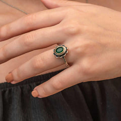 Silver Green Flower Patterned Authentic Women's Ring