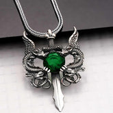 Silver Green Stone Dragon Men's Sword Necklace