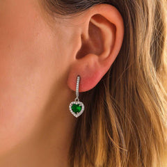Silver Green Stone Heart Women's Earrings