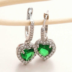 Silver Green Stone Heart Women's Earrings