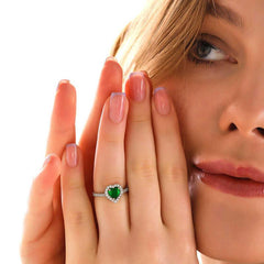 Silver Green Stone Heart Women's Ring