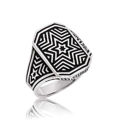 Silver Star Patterned Men's Ring