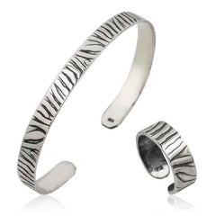 Silver Zebra Pattern Bracelet and Ring Set