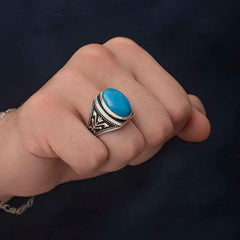 Gümüş Zirkon Turkuaz Taşlı Oval Erkek Yüzük