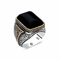 Silver Onyx Black Stone Square Men's Ring