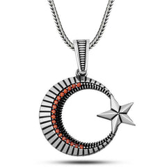 Silver Zircon Stone Crescent Star Men's Necklace
