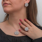 Silver Zircon Stone Flower Women Set