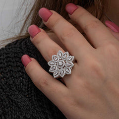 Silver Zircon Stone Flower Women's Ring