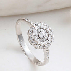 Silver Zircon Stone Flower Women's Ring