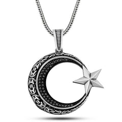 Silver Zircon Stone Motif Crescent Star Men's Necklace