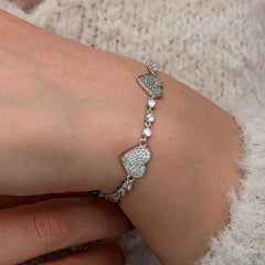 Silver Zircon Stone Row Heart Women's Bracelet