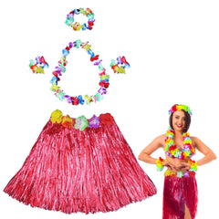 Costume de danse hawaïenne Nessiworld – Ensemble jupe hula rouge et collier à fleurs