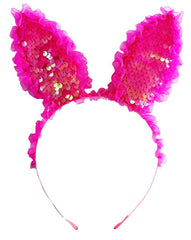 Couronne d'oreilles de lapin Nessiworld fuchsia à paillettes et bordures en dentelle 23 x 19 cm
