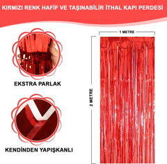 Nessiworld Kırmızı Renk Ekstra Metalize Parlak Saçaklı Arka Fon Perde İthal A Kalite 1x2 Metre