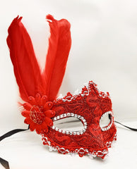 Nessiworld Red Color Feather Lace Eyes Stone Prom Party Mask