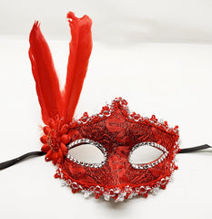 Nessiworld Red Color Feather Lace Eyes Stone Prom Party Mask