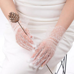 Nessiworld Short Length Laced White Polka Dot Tulle Gloves White Color