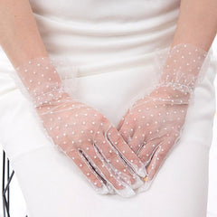 Nessiworld Short Length Laced White Polka Dot Tulle Gloves White Color