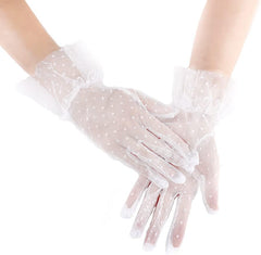 Nessiworld Short Length Laced White Polka Dot Tulle Gloves White Color