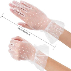 Nessiworld Short Length Laced White Polka Dot Tulle Gloves White Color