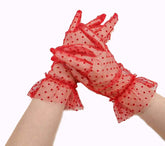 Nessiworld Short Length Laced Red Polka Dot Tulle Gloves Red Color
