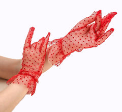Nessiworld Short Length Laced Red Polka Dot Tulle Gloves Red Color
