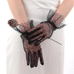 NessiWorld Short Length Laced Black Polka Dot Tulle Gloves Black Color