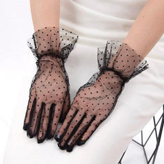 NessiWorld Short Length Laced Black Polka Dot Tulle Gloves Black Color