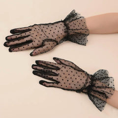 NessiWorld Short Length Laced Black Polka Dot Tulle Gloves Black Color
