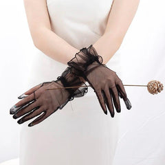 NessiWorld Short Length Lycra Lace Adult Tulle Gloves Black Color