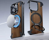 Lüks Güçlü Manyetik Magsafe Gizli Standlı Ahşap Kapaklı Metal Hava Yastıklı Kılıf - MeanYou